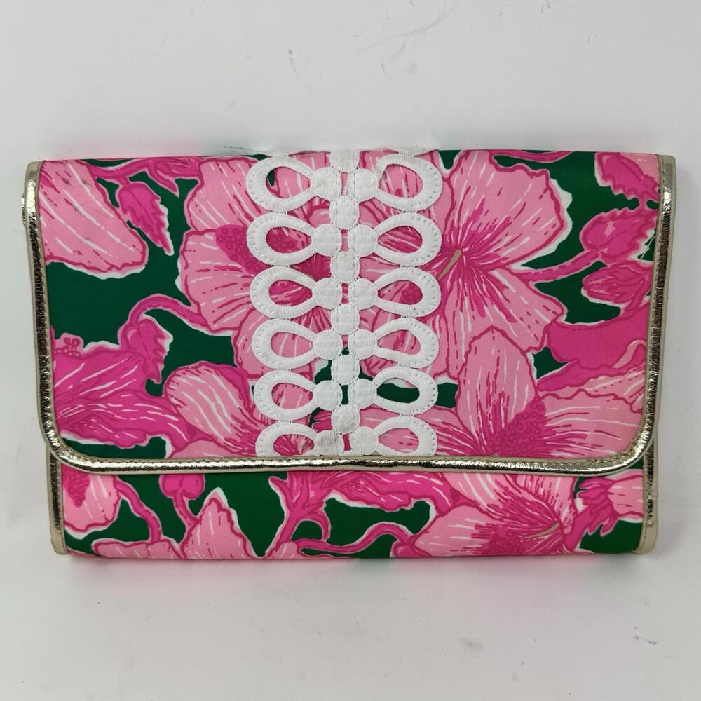 Lilly Pulitzer Kelly Green Hibis Kiss Envelope Pouch Floral Pink Green